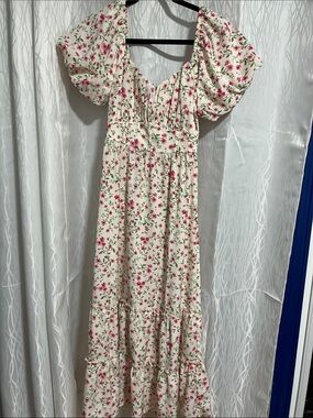 Inspired Hearts Cream Maxi Dress with Pink Floral Print